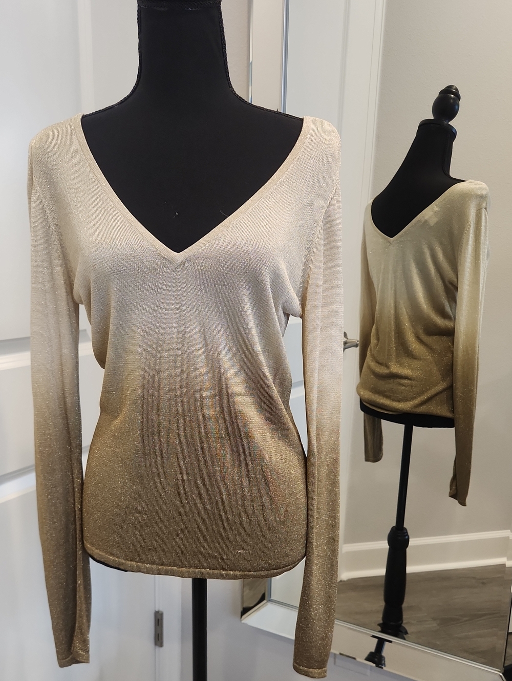 Cache Metallic Gold V-Neck Shimmery Sweater